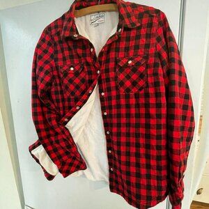 B.C Clothing Red plaid fleece woman's jacket with pearl snap buttons S. small.